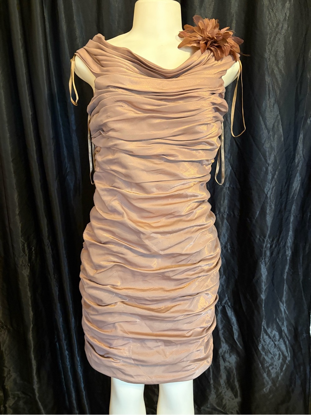 Cachet Tan Ruched Mini Dress with Floral Shoulder Accent